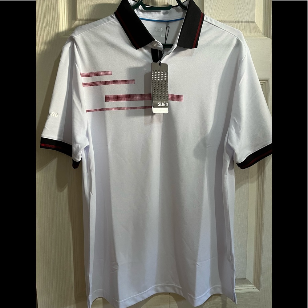 Sligo Men’s Sleeve Rib White/Red/Blue Polo Shirt in Size Large